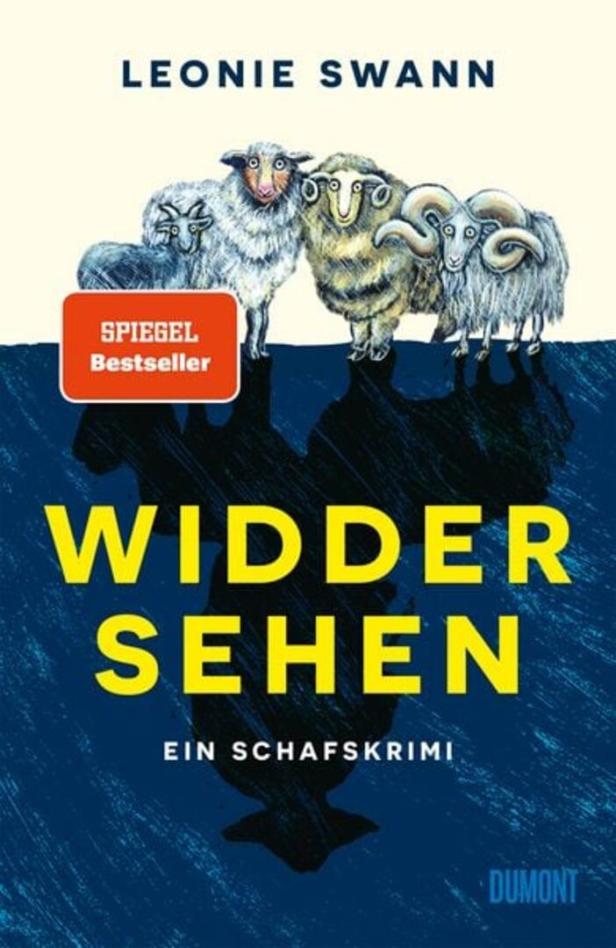 Vier Widder mit unterschiedlichen Hörnern stehen nebeneinander, darunter ihr Schatten in Form eines Wolfes.