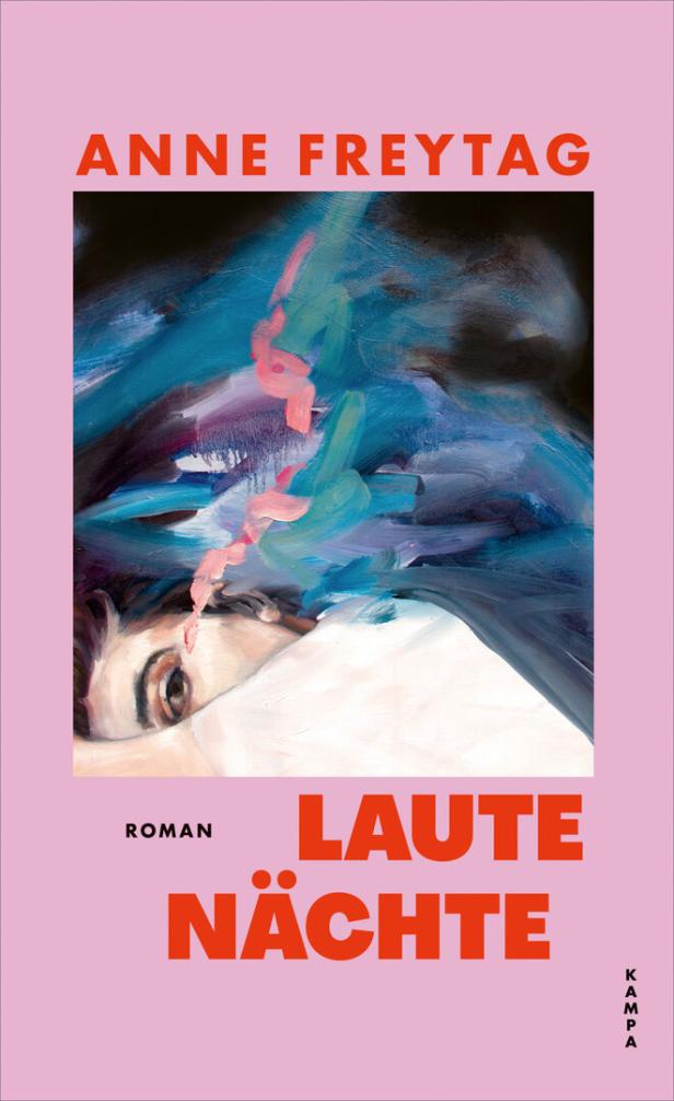 Das Buchcover von Anne Freytag zeigt den Ausschnitt eines Gesichts unter abstrakten blauen Pinselstrichen auf einem hellrosa Hintergrund.