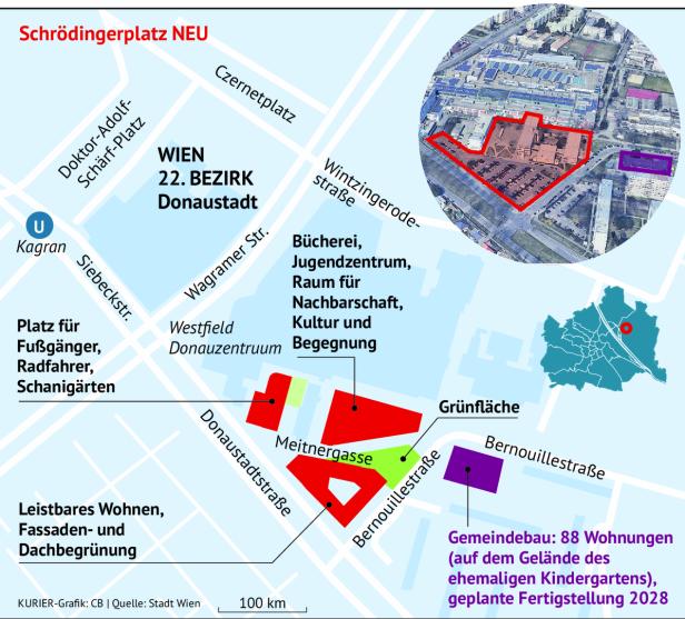 Plan zur Neugestaltung des Schrödingerplatzes im 22. Wiener Gemeindebezirk mit Wohnbau, Grünflächen und kulturellen Einrichtungen.