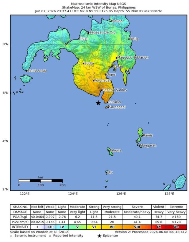 Earthquake of magnitude 7.8 strikes off southern Philippines