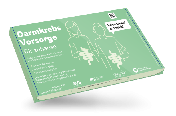 Ein Probenentnahmeset für das kostenlose Darmkrebs-Screening in Wien mit Hinweisen zur einfachen Anwendung und Logos der beteiligten Organisationen.