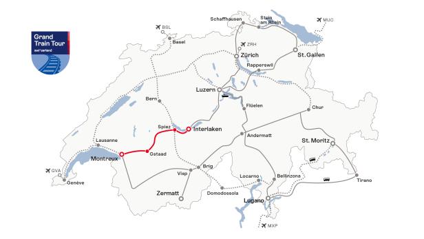 Karte mit Strecke von Interlaken zum Genfer See 