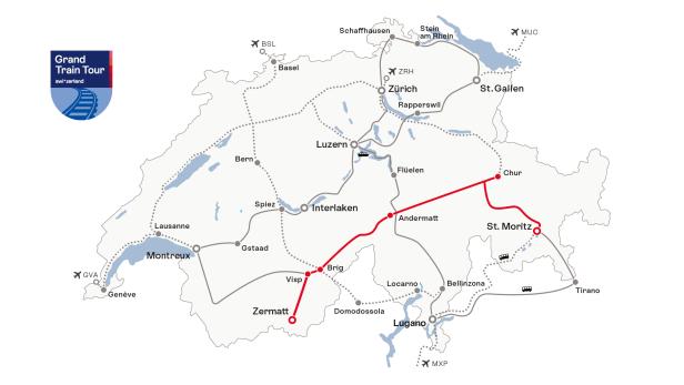 Karte der Schweiz mit hervorgehobener Glacier-Express-Strecke von Zermatt nach St. Moritz.