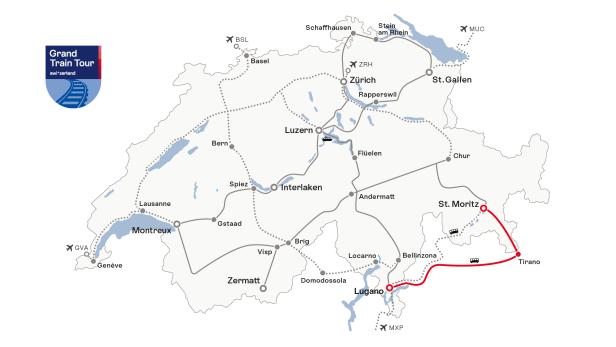 Karte der Grand Train Tour of Switzerland mit hervorgehobener Strecke St. Moritz–Tirano–Lugano.