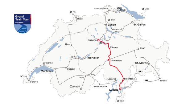 Karte der Gotthard Panorama Express Strecke von Luzern über Flüelen und Bellinzona nach Lugano.