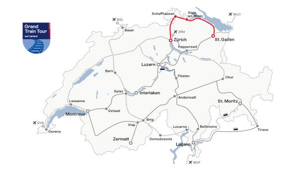 Karte der Grand Train Tour of Switzerland mit hervorgehobener Strecke Zürich–St. Gallen.