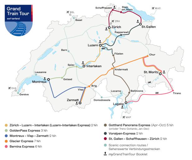 Karte der Grand Train Tour of Switzerland mit farblich markierten Bahnstrecken und Städten.