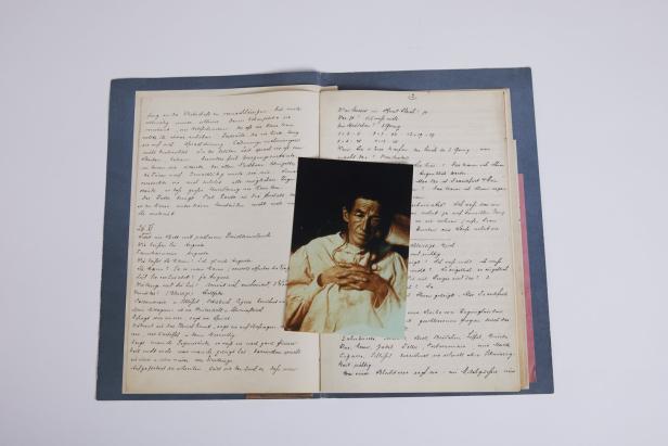 Das Bild zeigt ein Faksimile der handschriftlich von Dr. Alois Alzheimer verfassten Patientenakte von Auguste Deter, ein Teil davon ist von einem Bild der ersten Alzheimer-Patientin abgedeckt. 