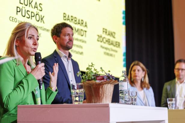 Vier Personen stehen an einem Podium, eine Frau im grünen Blazer spricht mit Mikrofon, im Vordergrund stehen Wasserflaschen und ein Blumentopf.