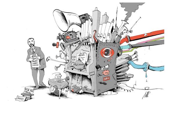 Eine Karikatur zeigt eine komplexe Orgel mit ORF-Symbolen, die von einem Mann mit APA-Notenblatt bedient wird, während FPÖ- und ÖVP-Bezüge sichtbar sind.