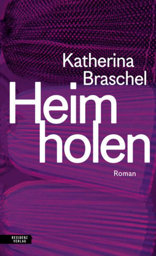 Buchcover von Katherina Braschel mit dem Titel „Heimholen“ in Weiß auf violett-pinkem Hintergrund.