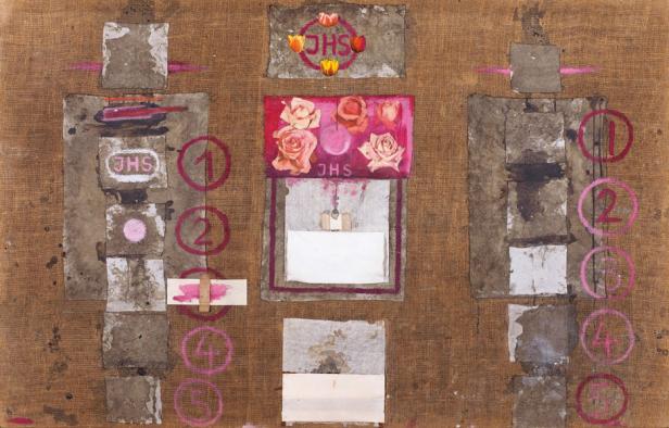 Collage auf Jute mit Pflastern und Blutspuren.