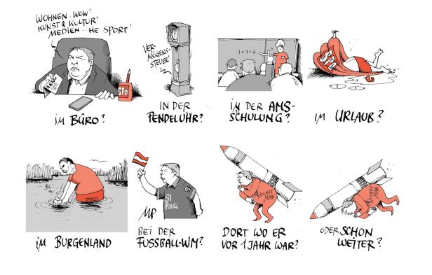 Karikatur mit mehreren Szenen zu einem roten SPÖ-Politiker in unterschiedlichen möglichen Rollen wie Büro, Pendeluhr, AMS-Schulung, Urlaub und Fußball-WM.