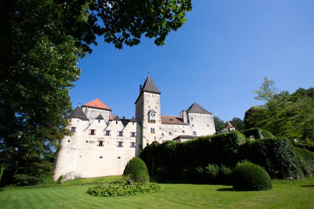 Die historische Burg steht vor einem klaren blauen Himmel über einer gepflegten Grünanlage.