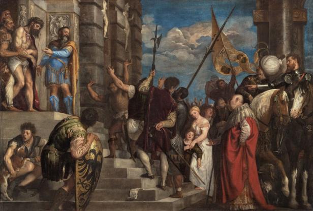 Tizian-Gemälde namens Ecce Homo mit einer antiken Szene aus Soldaten, Bürgern und einer Frau mit Kind im Kunsthistorischen Museum Wien.