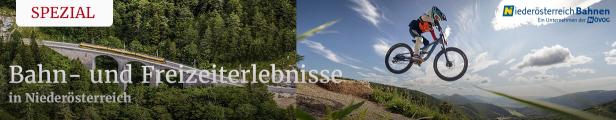 Mountainbiker springt mit Fahrrad über eine Berglandschaft unter wolkigem Himmel