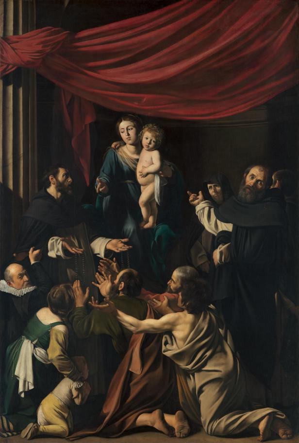 Gemälde einer Madonna mit Kind und anbetenden Mönchen unter rotem Vorhang im Kunsthistorischen Museum Wien.