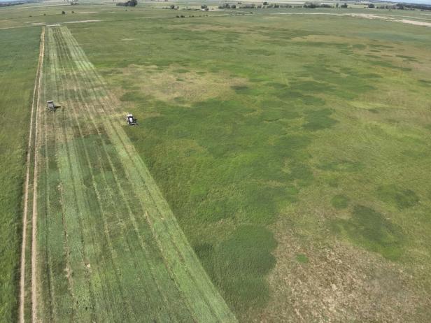 Luftaufnahme einer weiten grünen Wiese mit Traktor und Mähspuren.