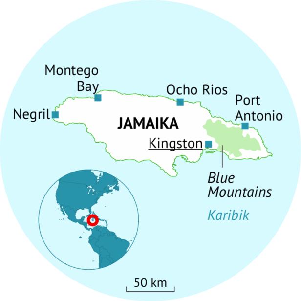Karte von Jamaika mit Städten wie Kingston, Montego Bay, Ocho Rios und Negril sowie Lage im Karibikraum.