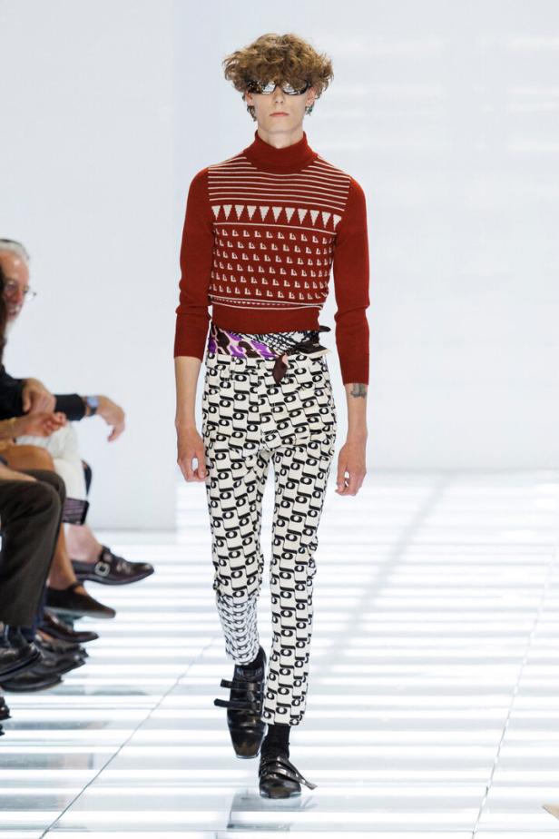 A model presents a creation from the Prada Spring/Summer 2027 Milans Mens Fashion Week