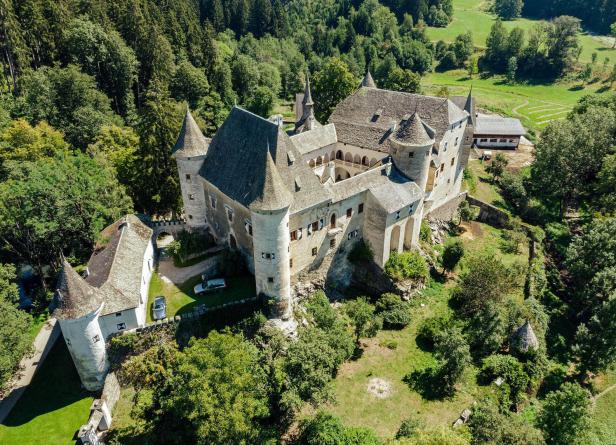 Luftaufnahme einer mittelalterlichen Burg mit Türmen, umgeben von Wald und Wiesen.