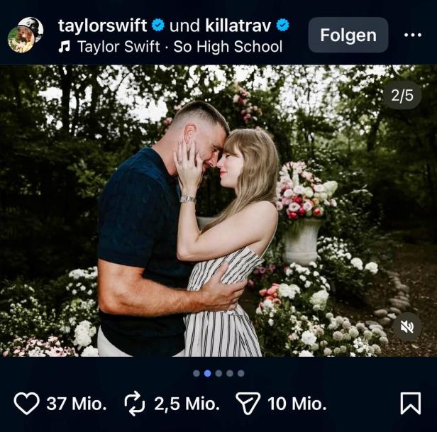 Millionenfach geteilt, das Kleid gab es als Nachahmung bei H&M: Das Verlobungsfoto von Kelce und Swift.  