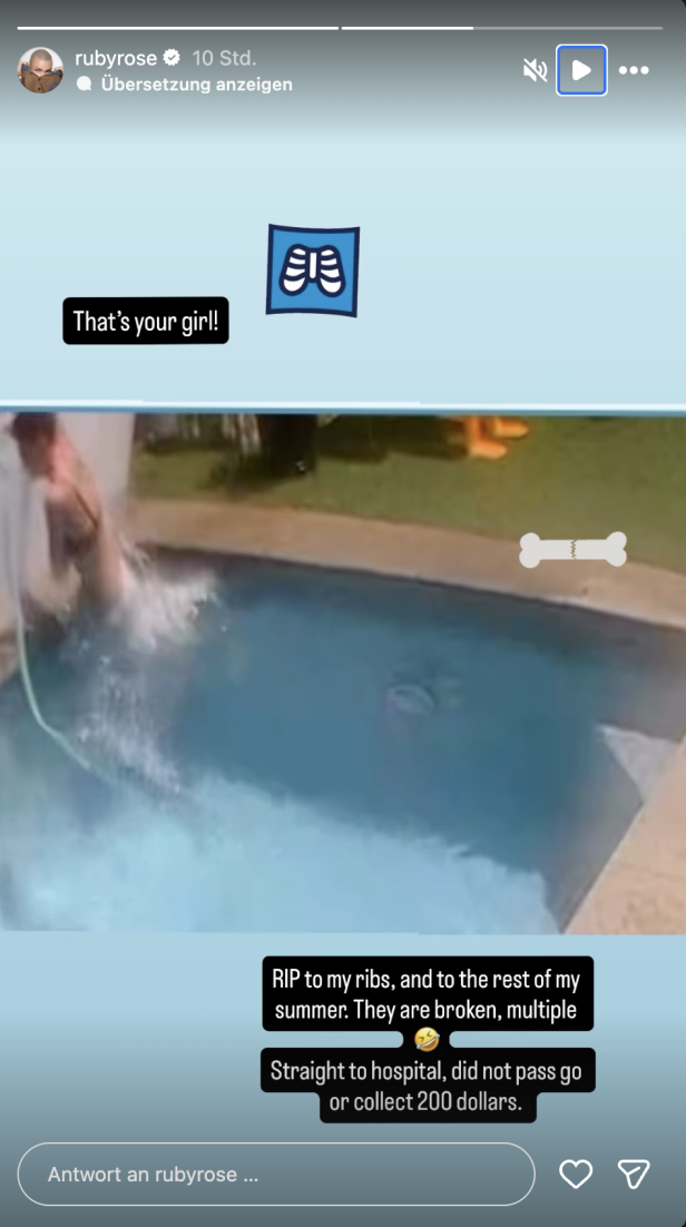 Ruby Rose stürzt am Beckenrand in den Pool, während sie auf Instagram ihre gebrochenen Rippen erwähnt.