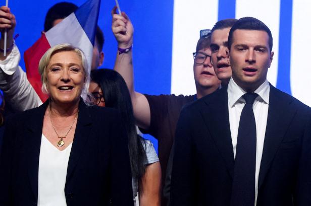 FILE PHOTO: Political rally of French far-right leaders Le Pen and Bardella on May Day in Macon