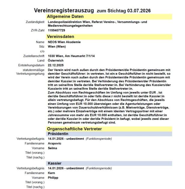 Auszug des Vereinsregisters.