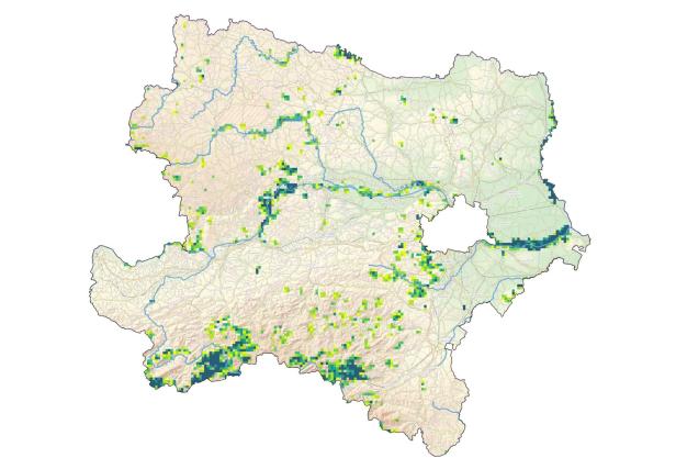 Karte Niederösterreichs wo naturnahe Wälder eingezeichnet sind.