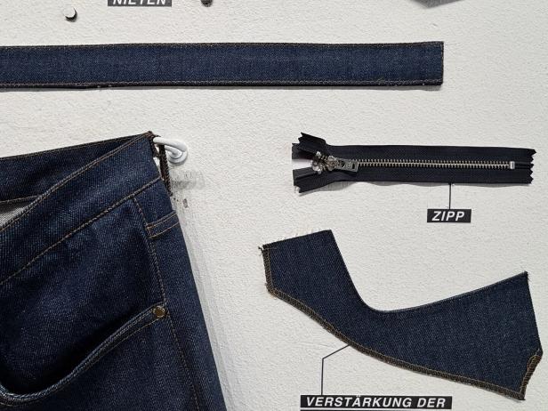 Jeansstoff-Details mit Tasche, Reißverschluss und Verstärkung auf hellem Untergrund.