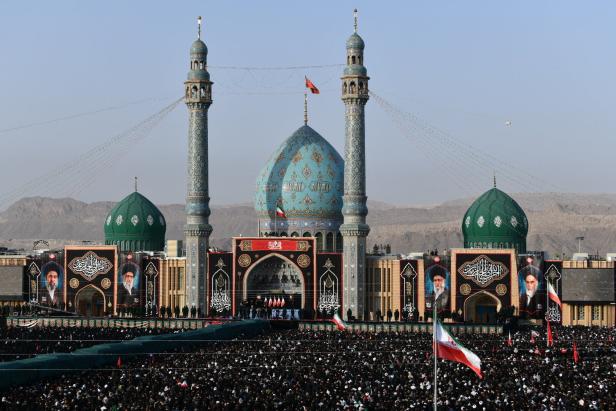 Mourners attend a prayer for Iran's late Supreme Leader Ayatollah Ali Khamenei, in Qom