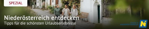 Drei Personen spazieren durch eine schmale Gasse in Niederösterreich, darüber steht „Niederösterreich entdecken“ und „Tipps für die schönsten Urlaubserlebnisse“.