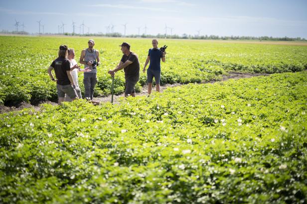 Robert Palfrader spricht mit dem Filmteam auf einem Pimientos-Feld im Seewinkel, im Hintergrund stehen Windräder.