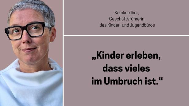 Porträt von Karoline Iber mit eingeblendetem Zitat.