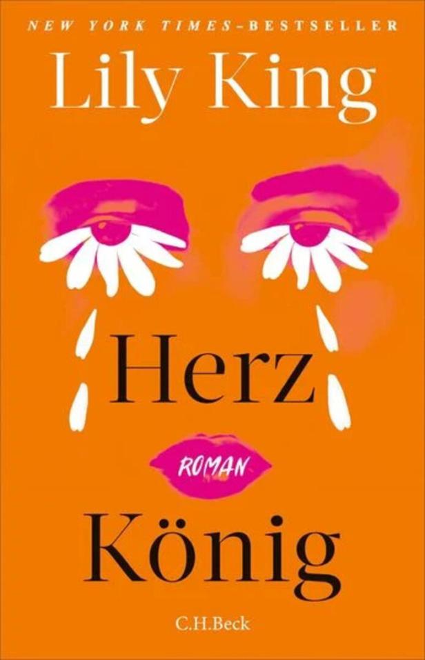 Orangefarbenes Buchcover mit dem Titel „Herz König“ von Lily King, stilisierten Augen und Lippen.