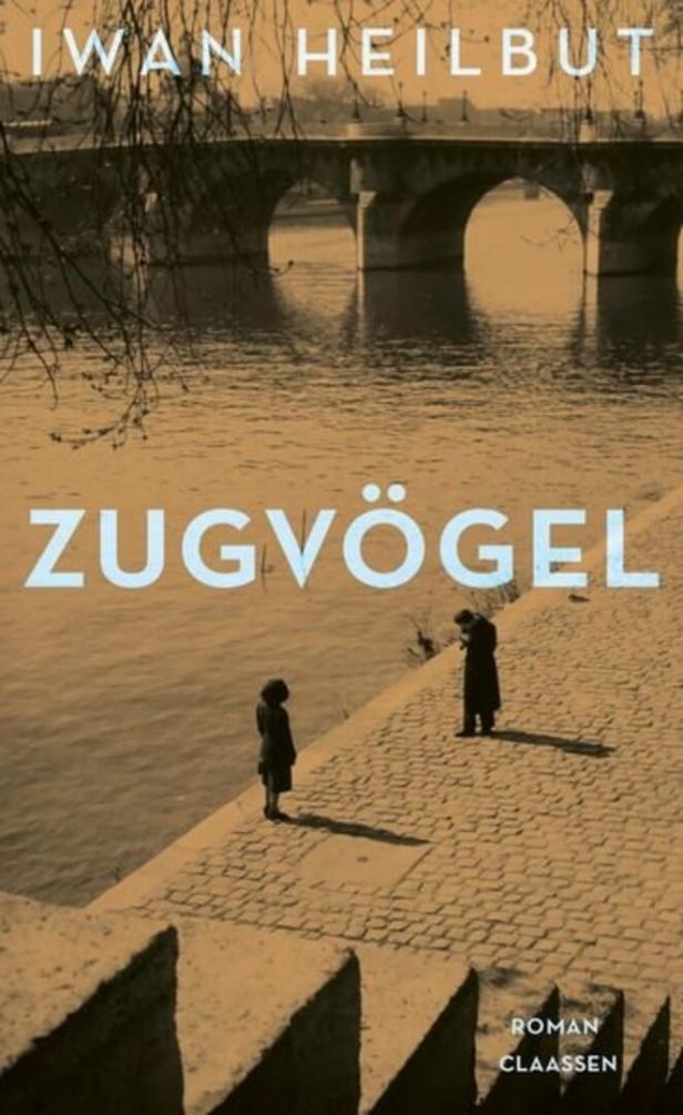 Buchtitel „Zugvögel“ von Iwan Heilbut mit zwei Personen am Ufer und einer Brücke im Hintergrund.