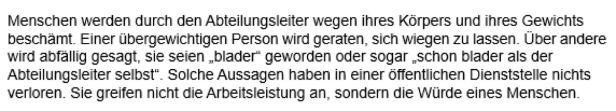 Ein Text beschreibt, wie ein Abteilungsleiter Mitarbeiter wegen ihres Gewichts beschämt und ihre Würde verletzt.