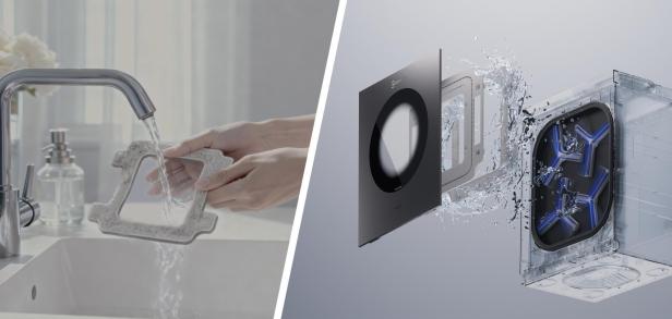 Ein Vergleich zwischen manuellem Auswaschen eines Wischtuchs und der automatischen Reinigung durch eine Ecovacs-Station.
