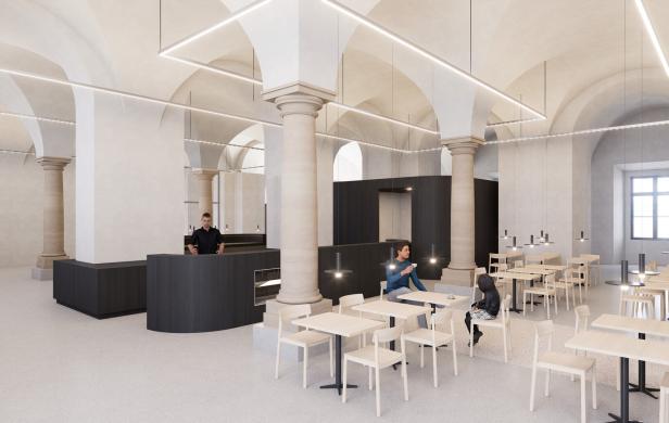 Rendering: Möbel aus Schwarz lasierter Eiche im Arkadencafé