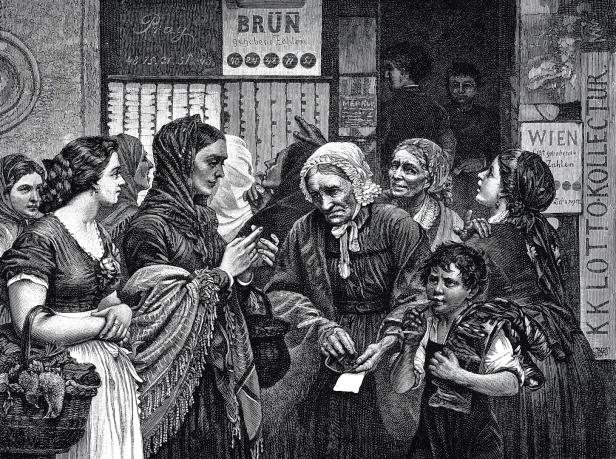 Eine Gruppe von Frauen und ein Kind stehen vor einer Lotto-Annahmestelle mit Hinweisen auf Prag, Brün und Wien.