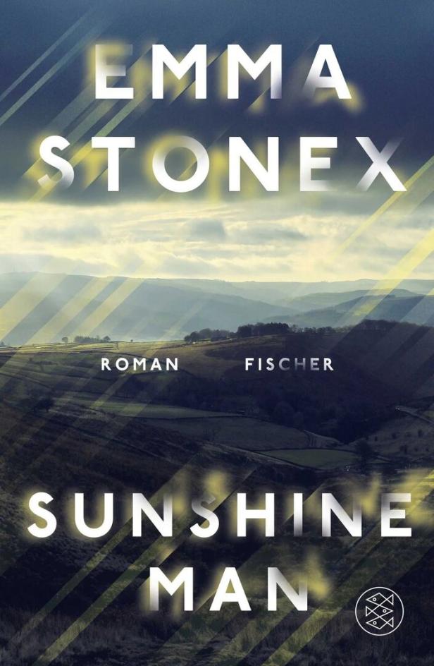 Buchcover mit Landschaft, Titel „Emma Stone X Sunshine Man“ und Autorenname Roman Fischer.