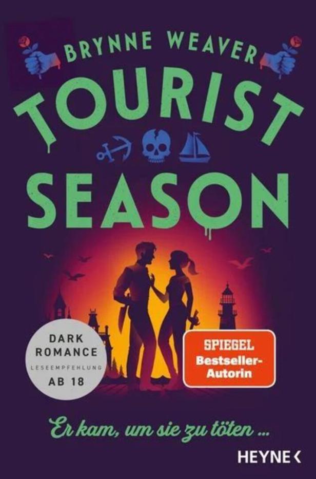 Buchcover von „Tourist Season“ von Brynne Weaver mit dunklem Romance-Motiv, Pärchensilhouette und Ab-18-Hinweis.