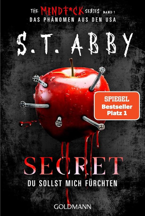 Düsteres Buchcover mit blutigem Apfel und Nägeln, Titel „S.T. Abby: Secret – Du sollst mich fürchten“.