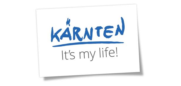 Logo mit dem blauem Schriftzug auf weißem Hintergrund "Kärnten - It's my life"