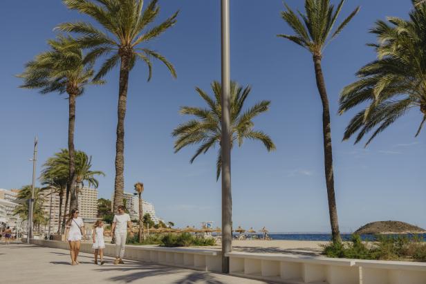 Eine Familie spaziert an einer sonnigen Strandpromenade mit Palmen entlang.
