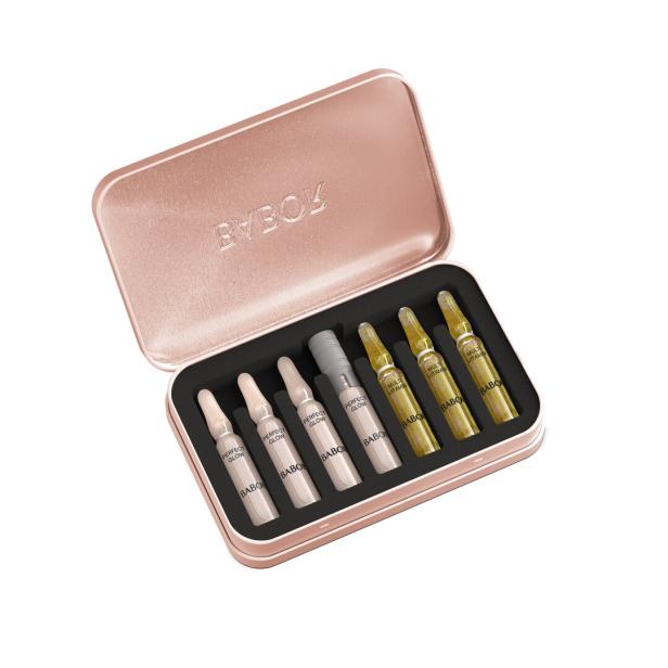 Roségoldene BABOR-Dose mit sechs Ampullen für Hautpflege.