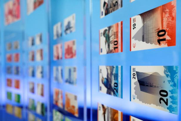 Shortlisted designs for future euro banknotes are displayed at the ECB headquarters in Frankfurt