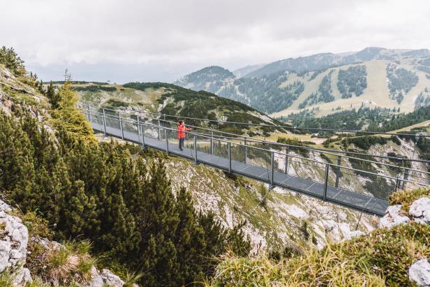 Eine Person steht auf einer Hängebrücke über einer alpinen Schlucht mit Bergen im Hintergrund.