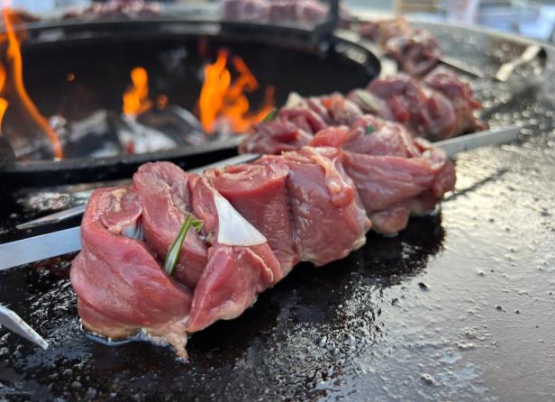 Rohe Fleischstücke mit Kräutern auf einem Spieß über offenem Feuer auf einer heißen Grillplatte.